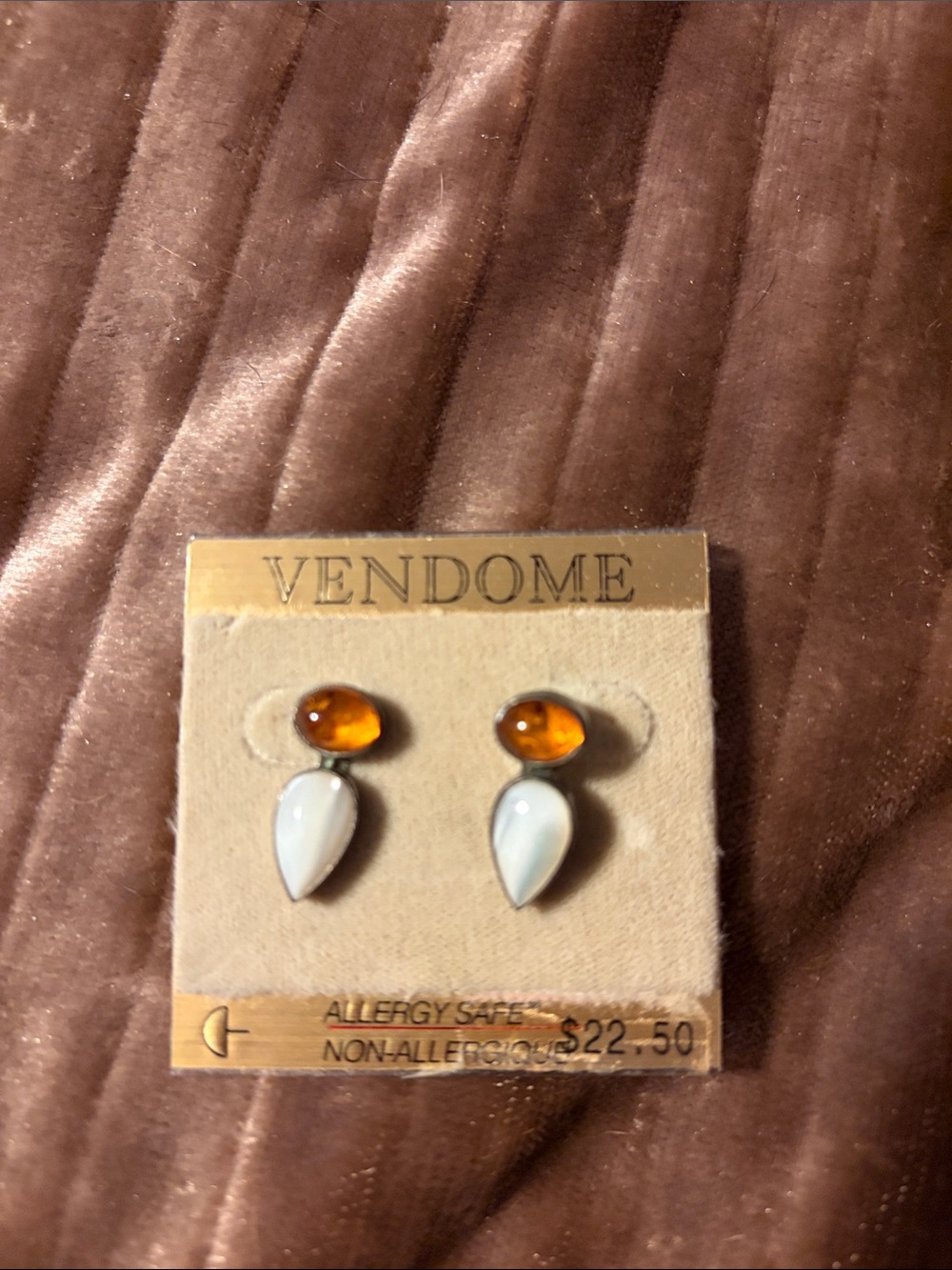 Gold Tone Amber and White Drop Earrings